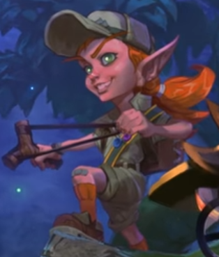 The elf child with the slingshot prior to saluting, wearing a brimmed cap.