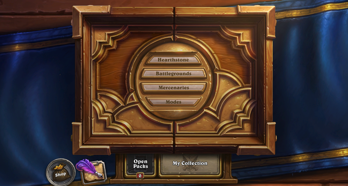 The main menu as it appeared prior to Patch 26.6.0.179020, when Mercenaries and Tavern Brawl swapped places.