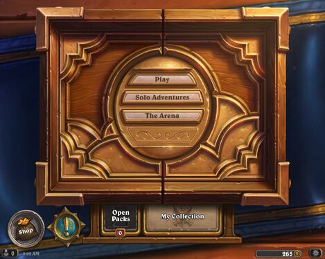 The main menu as it appeared prior to Patch 2.7.0.9166, when the Tavern Brawl button was added
