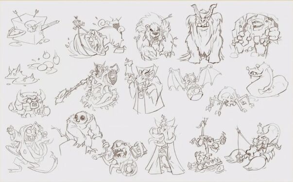 Concept art of the dungeons' various monsters. Many didn't end up making it into the expansion, but the "giant hulking Pepe bird" (seen toward the lower left) did make its way into Dave Kosak's nightmares.[8]