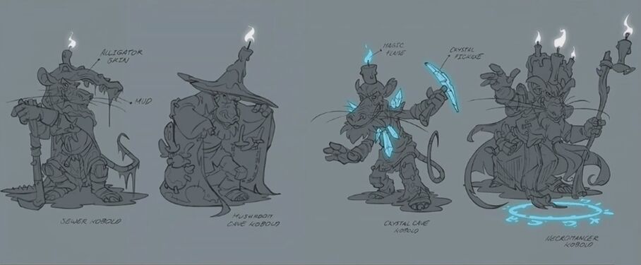 The expansion's stars: the kobolds. From left to right: a sewer-dwelling kobold with an alligator hood, a caster harnessing the magic of incandescent fungi, a miner who has fashioned glowing crystals into his equipment, and finally a kobold necromancer.