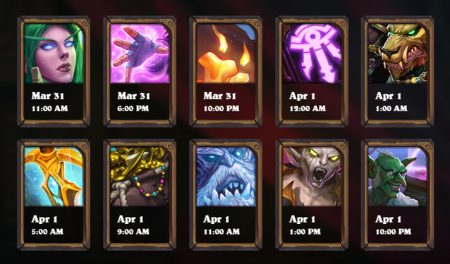 Card reveal schedule for March 31-April 1.