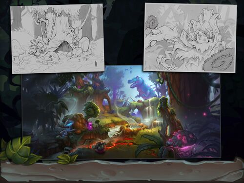Various environments, including the card art for Explore Un'Goro.